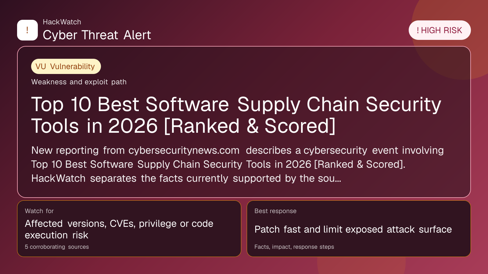 Top 10 Best Software Supply Chain Security Tools in 2026 [Ranked & Scored] - HackWatch vulnerability alert image