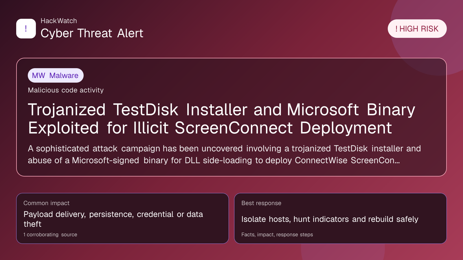 Trojanized TestDisk Installer and Microsoft Binary Exploited for Illicit ScreenConnect Deployment - HackWatch malware alert image