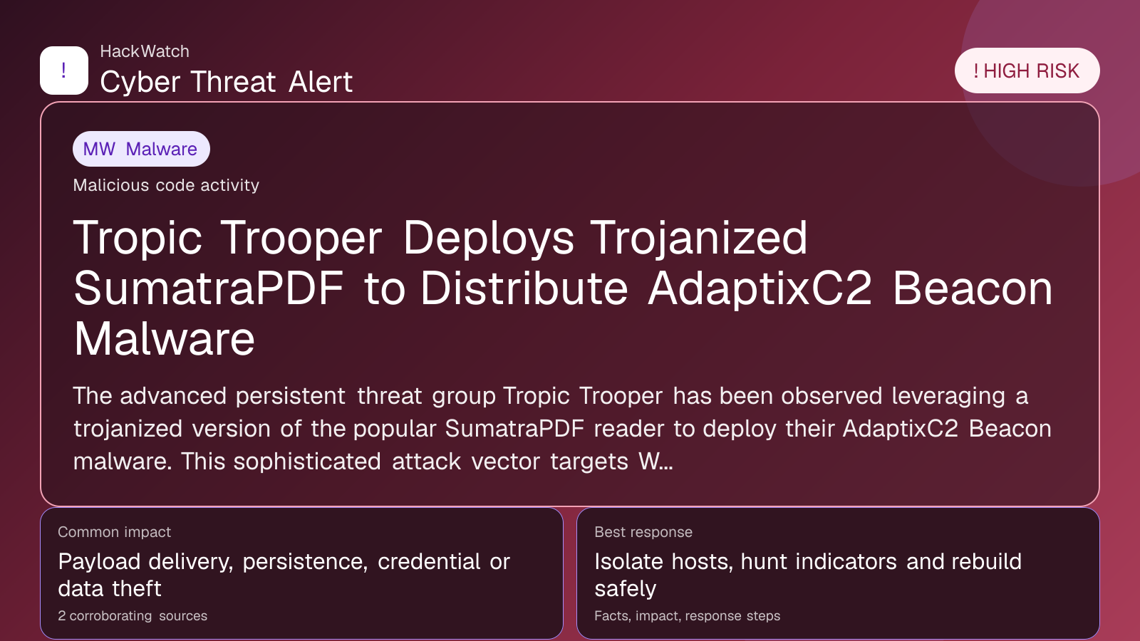 Tropic Trooper Deploys Trojanized SumatraPDF to Distribute AdaptixC2 Beacon Malware - HackWatch malware alert image