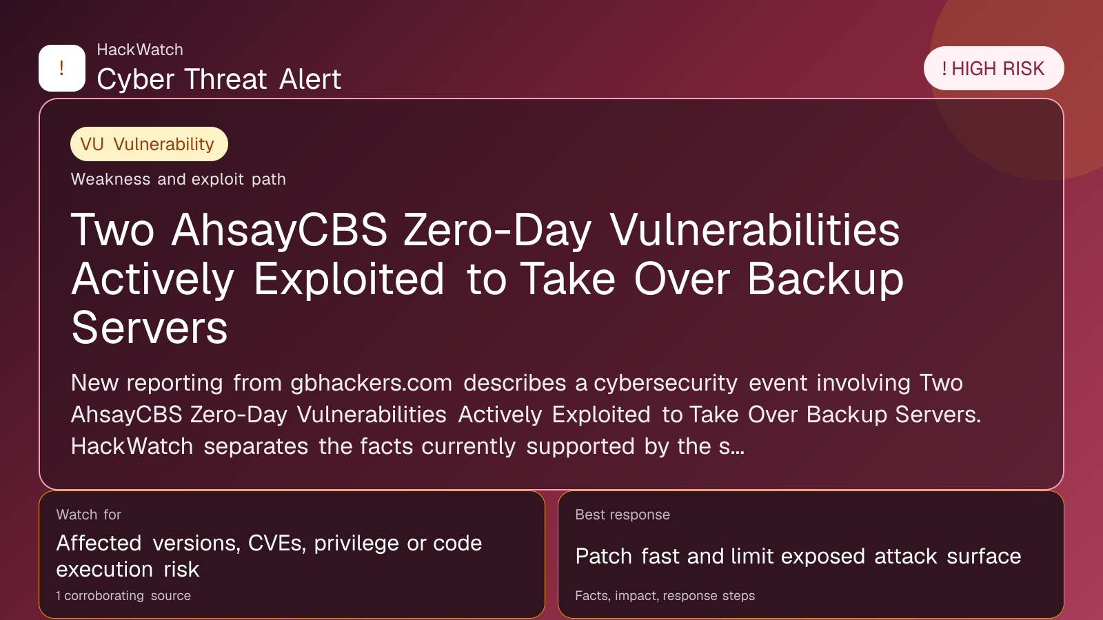 Two AhsayCBS Zero-Day Vulnerabilities Actively Exploited to Take Over Backup Servers - HackWatch vulnerability alert image