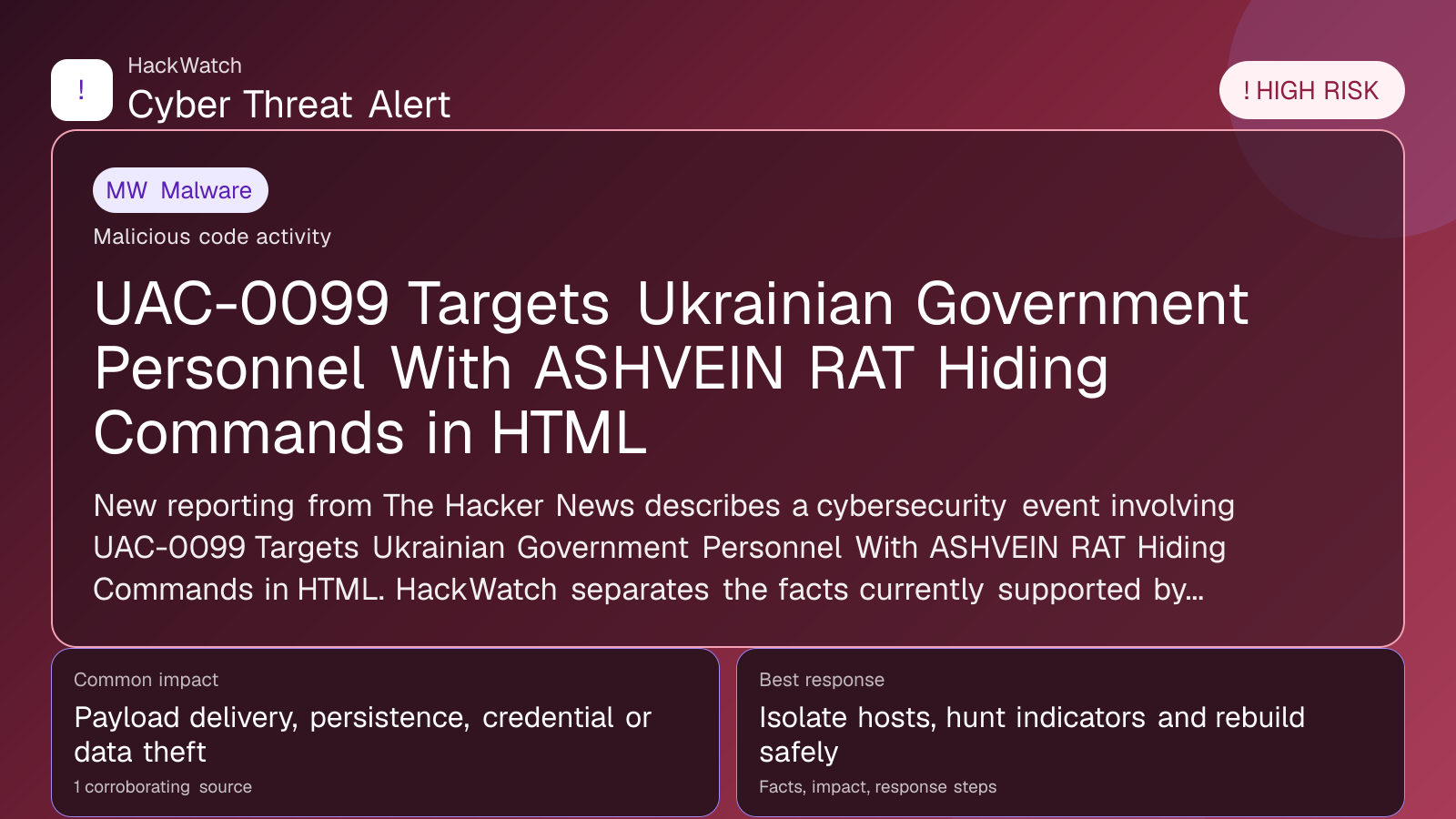 UAC-0099 Targets Ukrainian Government Personnel With ASHVEIN RAT Hiding Commands in HTML - HackWatch malware alert image