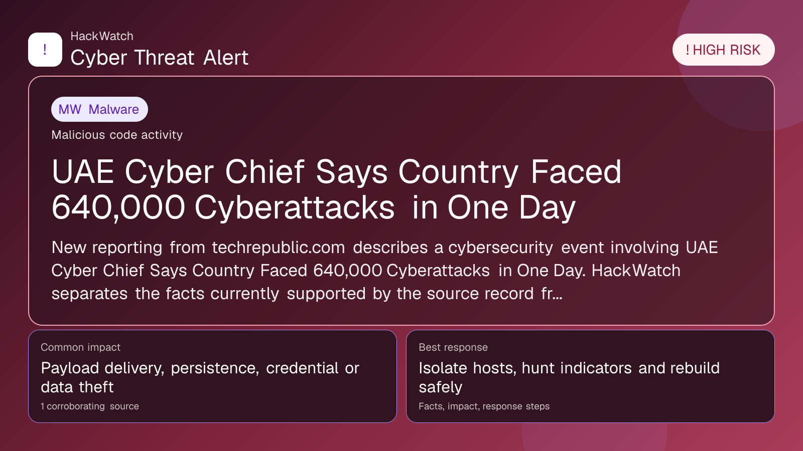 UAE Cyber Chief Says Country Faced 640,000 Cyberattacks in One Day - HackWatch malware alert image