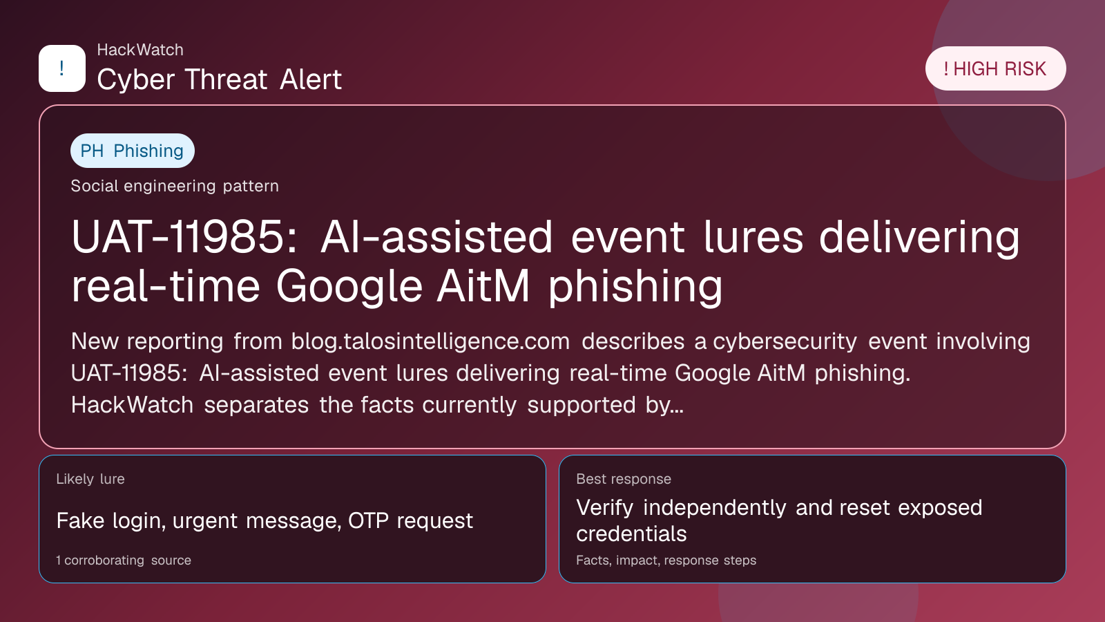 UAT-11985: AI-assisted event lures delivering real-time Google AitM phishing - HackWatch phishing alert image