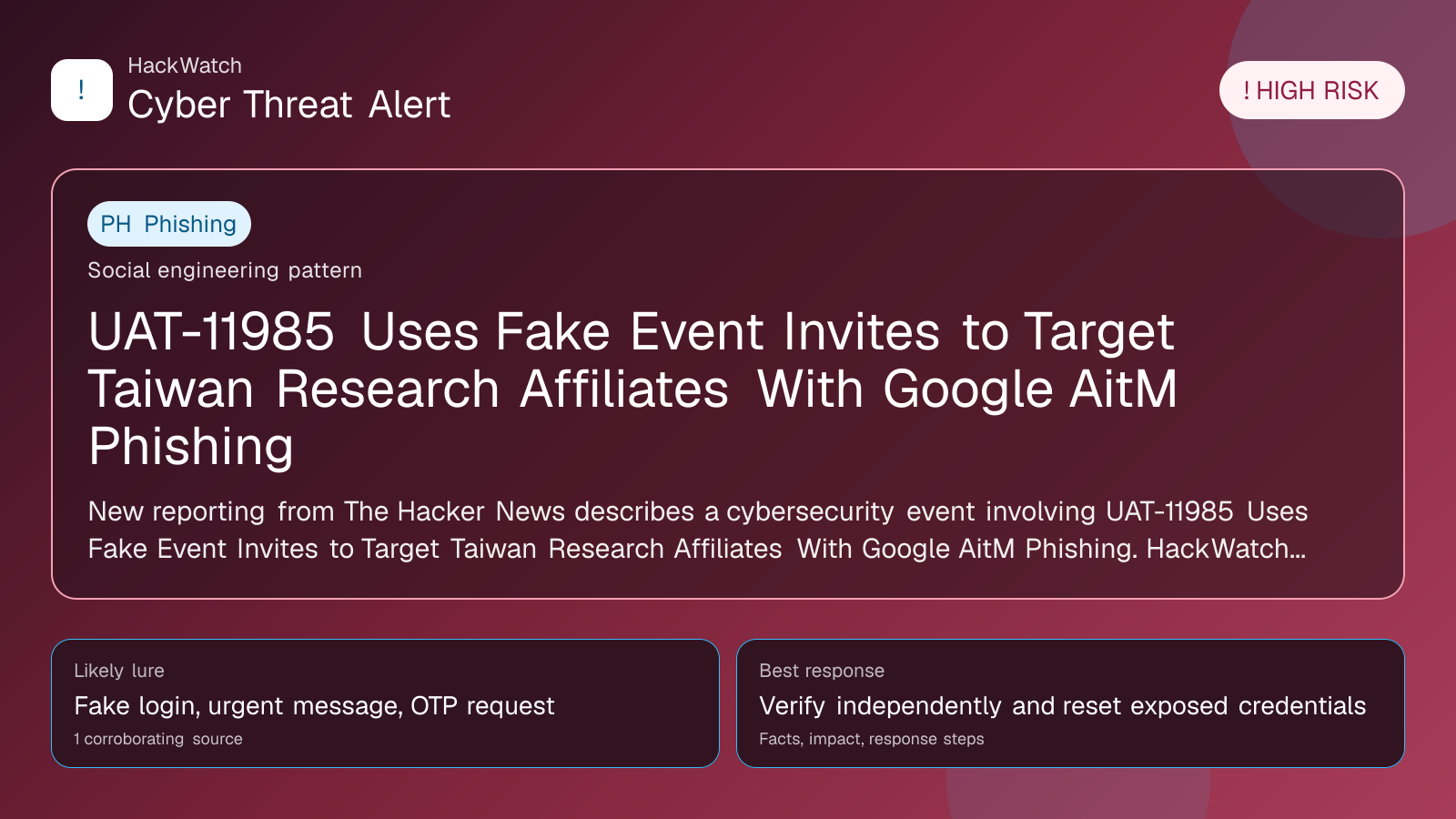 UAT-11985 Uses Fake Event Invites to Target Taiwan Research Affiliates With Google AitM Phishing - HackWatch phishing alert image
