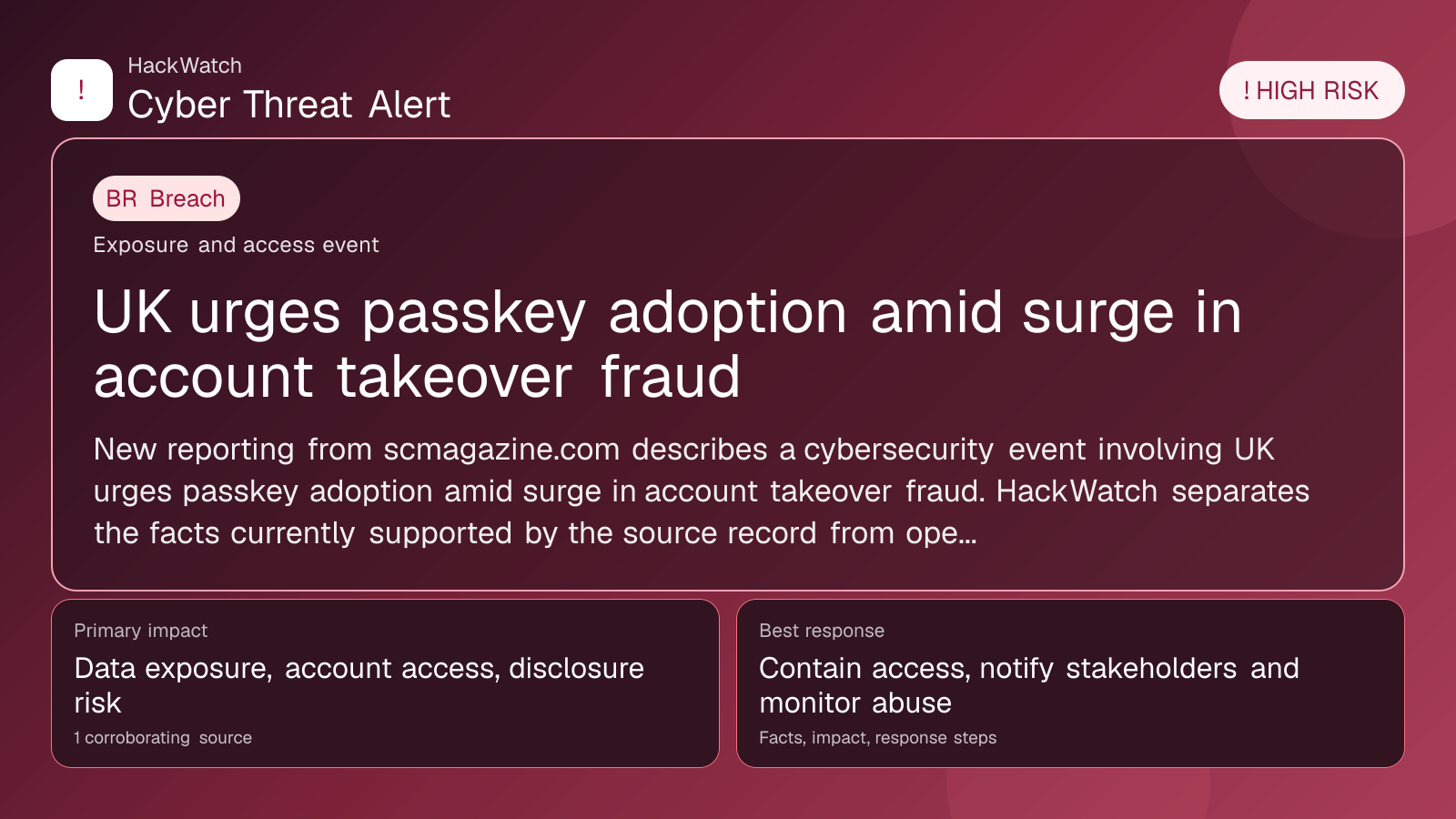 UK urges passkey adoption amid surge in account takeover fraud - HackWatch breach alert image