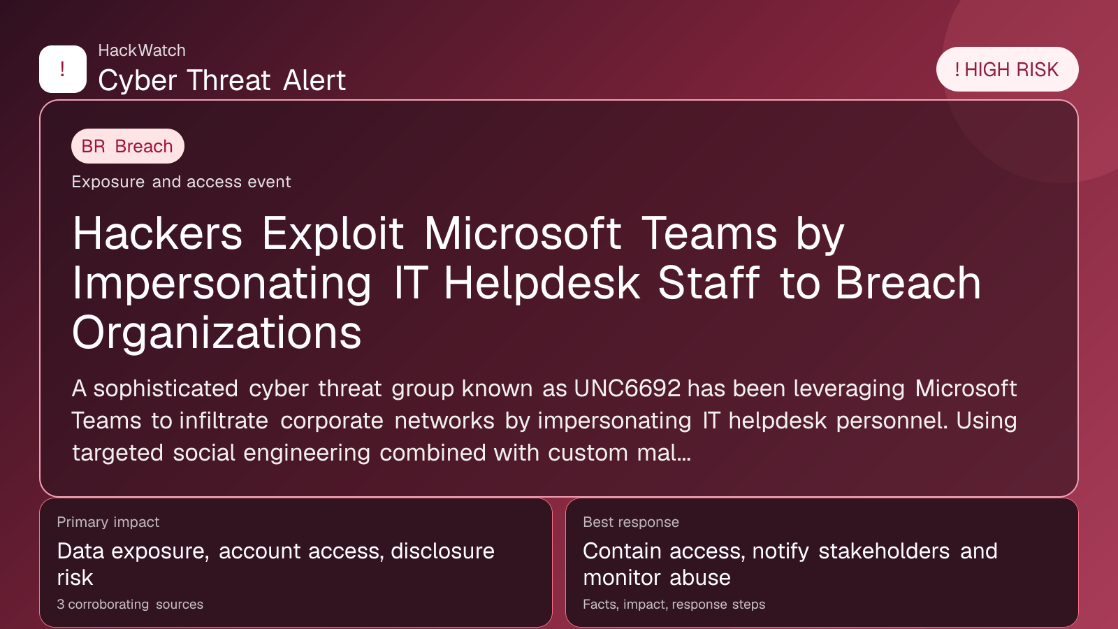 Hackers Exploit Microsoft Teams by Impersonating IT Helpdesk Staff to Breach Organizations - HackWatch breach alert image