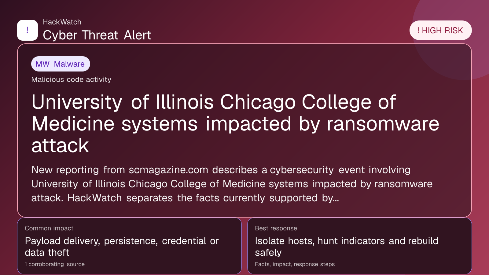University of Illinois Chicago College of Medicine systems impacted by ransomware attack - HackWatch malware alert image