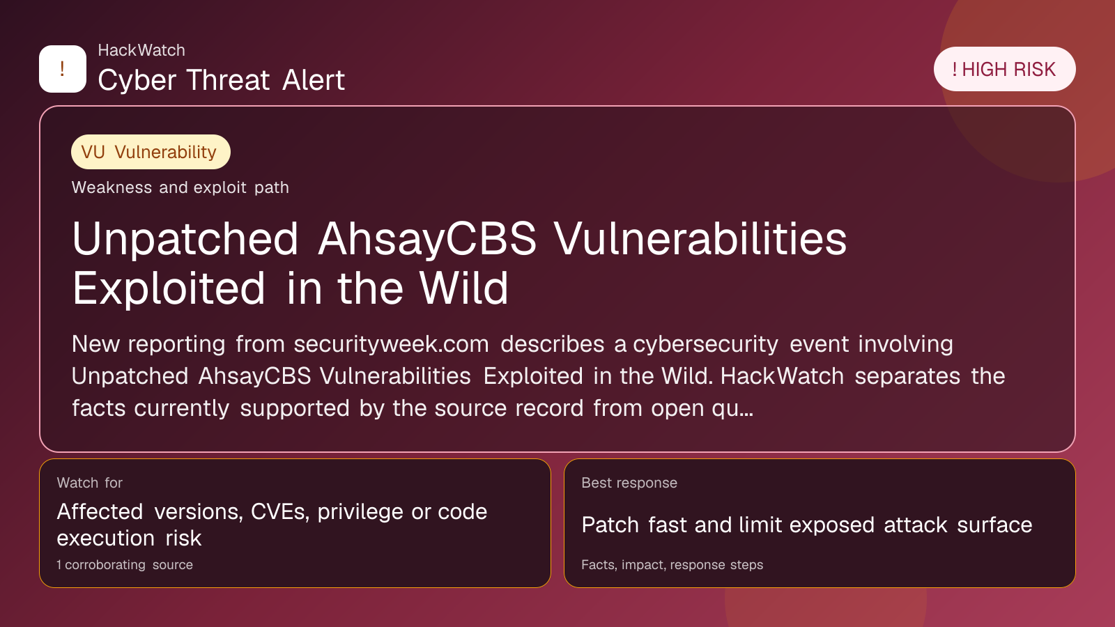 Unpatched AhsayCBS Vulnerabilities Exploited in the Wild - HackWatch vulnerability alert image