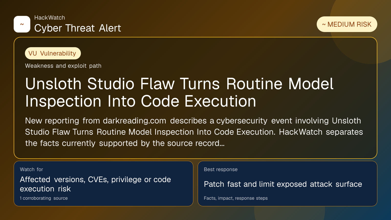 Unsloth Studio Flaw Turns Routine Model Inspection Into Code Execution - HackWatch vulnerability alert image