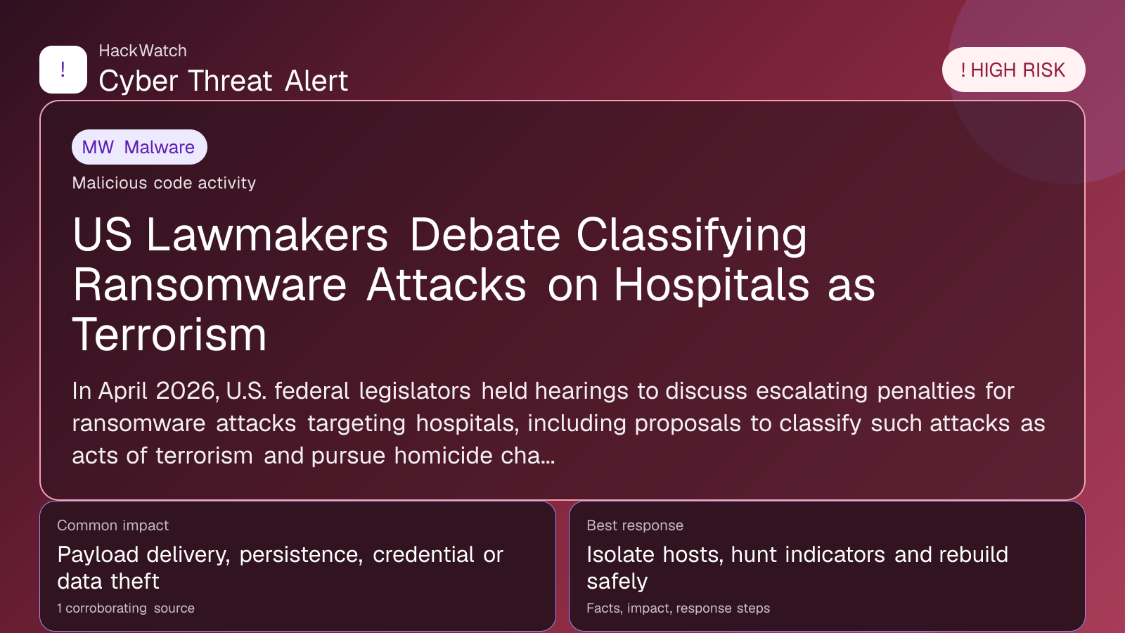 US Lawmakers Debate Classifying Ransomware Attacks on Hospitals as Terrorism - HackWatch malware alert image