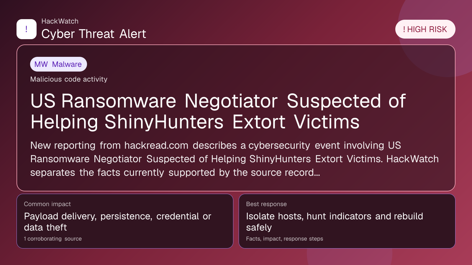 US Ransomware Negotiator Suspected of Helping ShinyHunters Extort Victims - HackWatch malware alert image