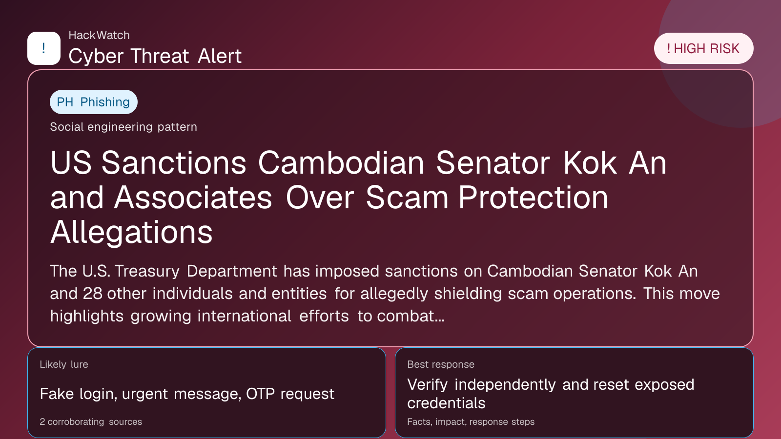 US Sanctions Cambodian Senator Kok An and Associates Over Scam Protection Allegations - HackWatch phishing alert image