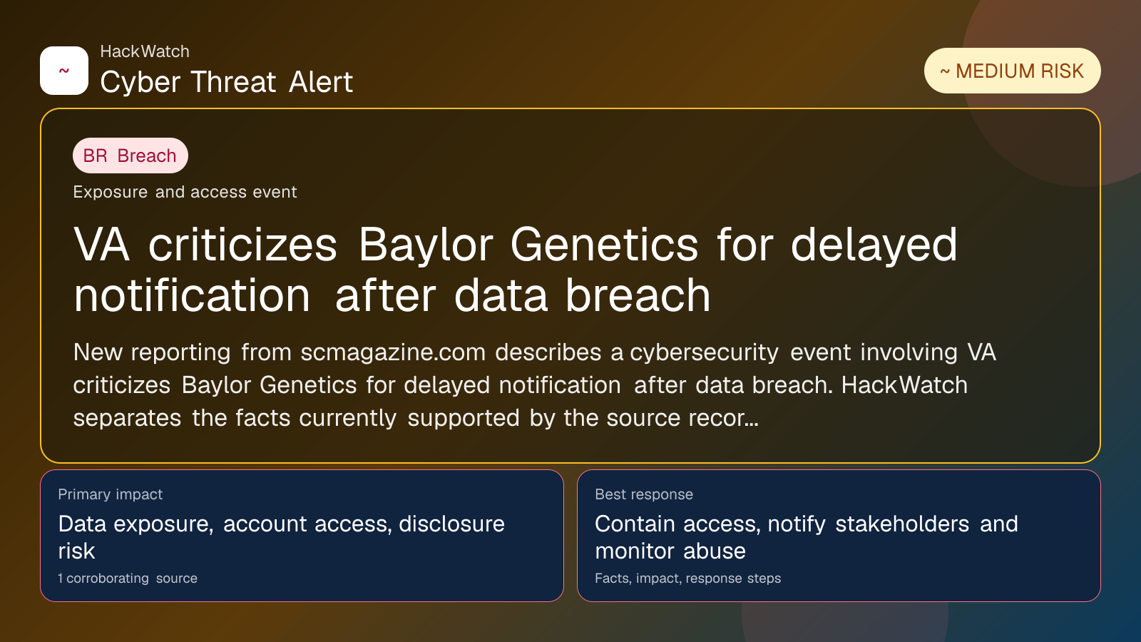 VA criticizes Baylor Genetics for delayed notification after data breach - HackWatch breach alert image