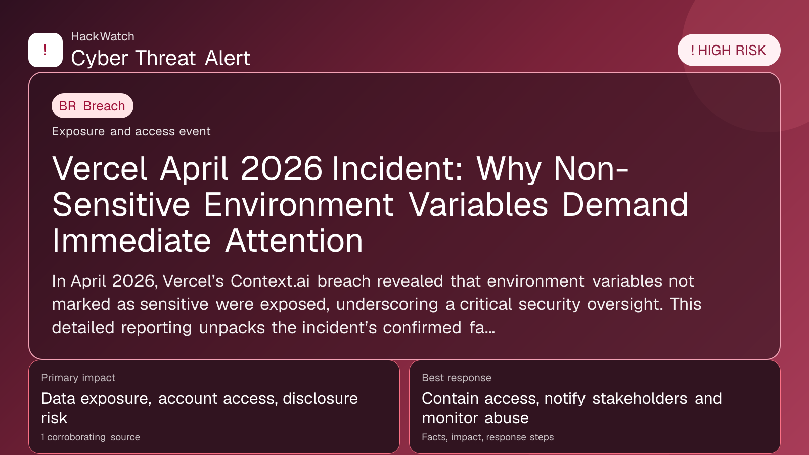 Vercel April 2026 Incident: Why Non-Sensitive Environment Variables Demand Immediate Attention - HackWatch breach alert image