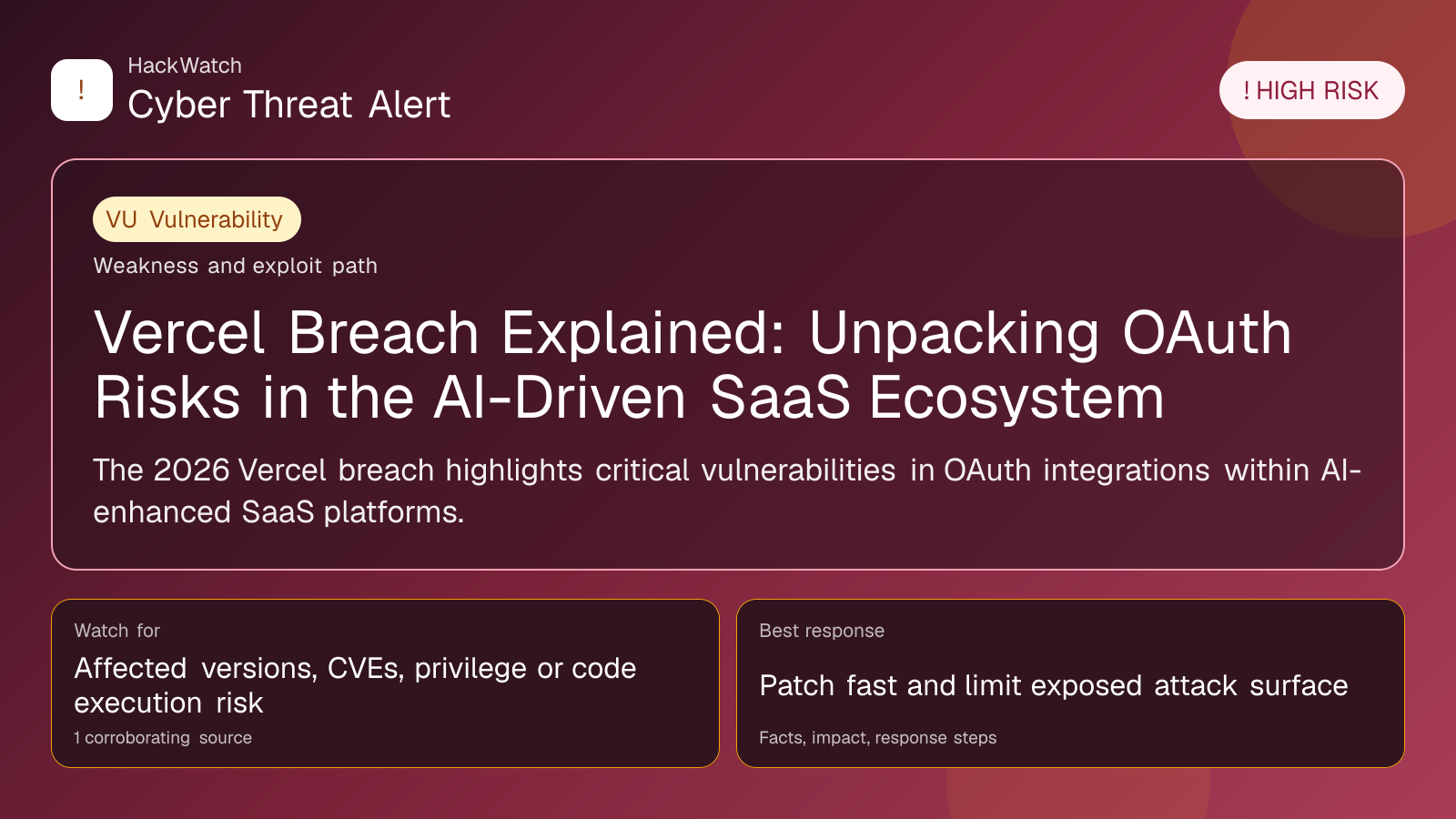 Vercel Breach Explained: Unpacking OAuth Risks in the AI-Driven SaaS Ecosystem - HackWatch vulnerability alert image