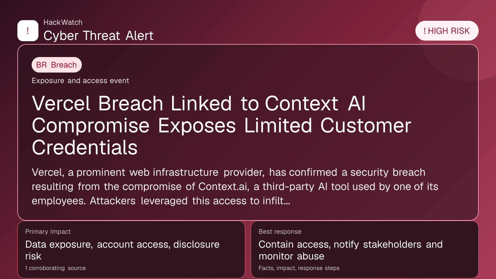 Vercel Breach Linked to Context AI Compromise Exposes Limited Customer Credentials - HackWatch breach alert image