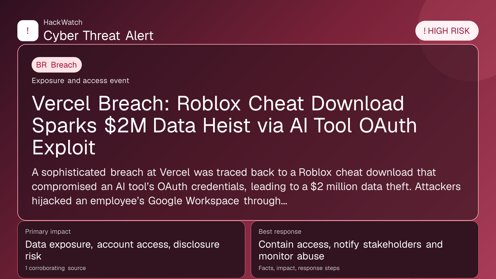 Vercel Breach: Roblox Cheat Download Sparks $2M Data Heist via AI Tool OAuth Exploit - HackWatch breach alert image