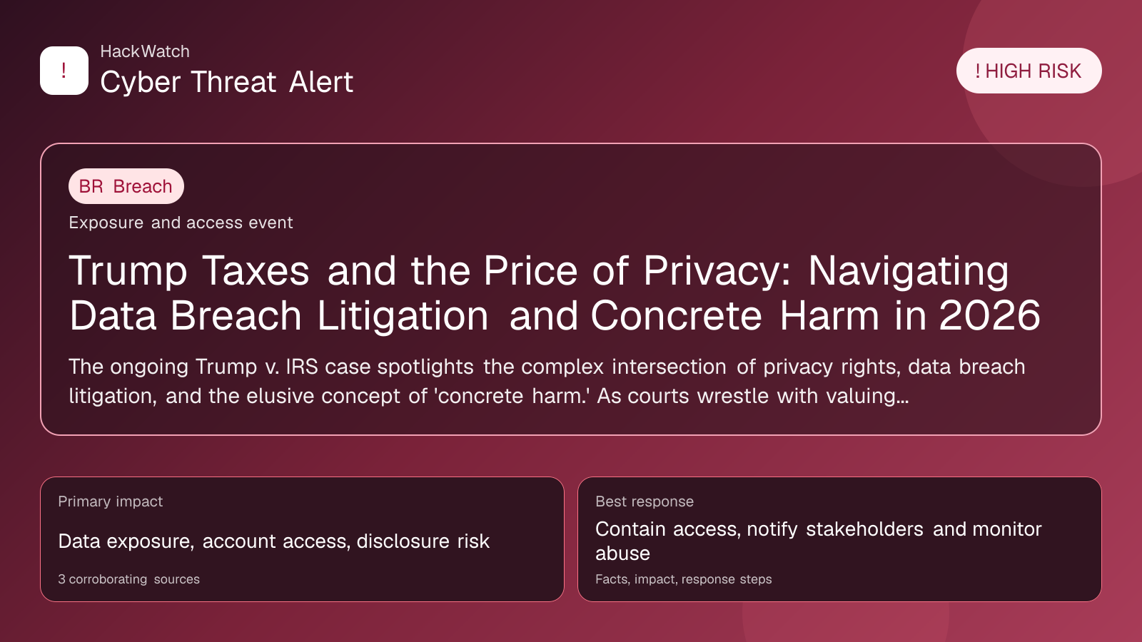 Trump Taxes and the Price of Privacy: Navigating Data Breach Litigation and Concrete Harm in 2026 - HackWatch breach alert image