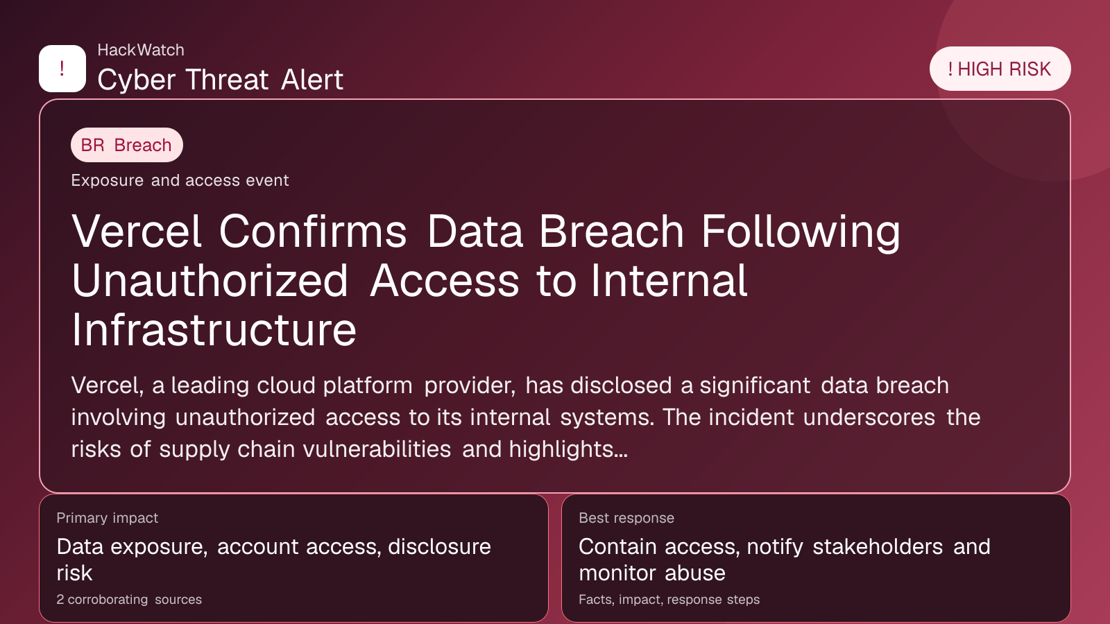 Vercel Confirms Data Breach Following Unauthorized Access to Internal Infrastructure - HackWatch breach alert image