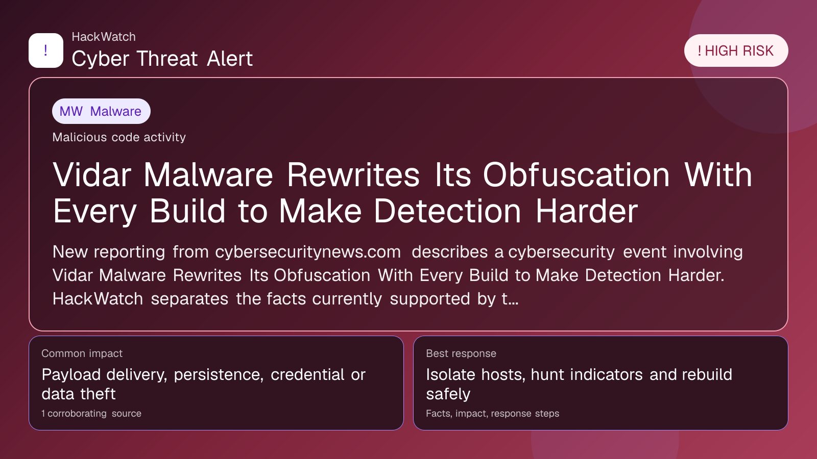 Vidar Malware Rewrites Its Obfuscation With Every Build to Make Detection Harder - HackWatch malware alert image