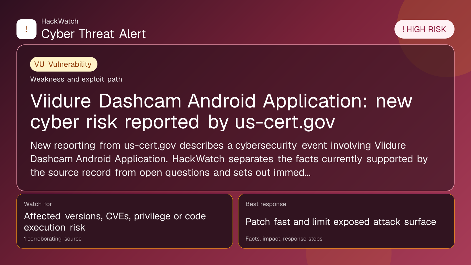 Viidure Dashcam Android Application: new cyber risk reported by us-cert.gov - HackWatch vulnerability alert image