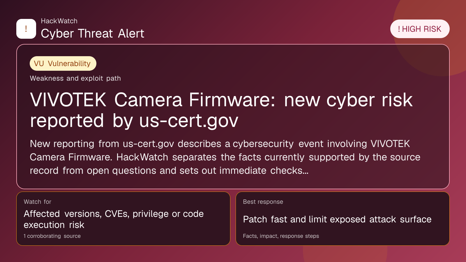 VIVOTEK Camera Firmware: new cyber risk reported by us-cert.gov - HackWatch vulnerability alert image