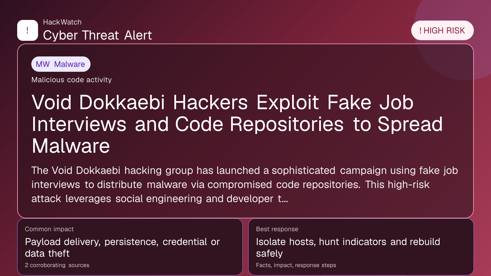 Void Dokkaebi Hackers Exploit Fake Job Interviews and Code Repositories to Spread Malware - HackWatch malware alert image
