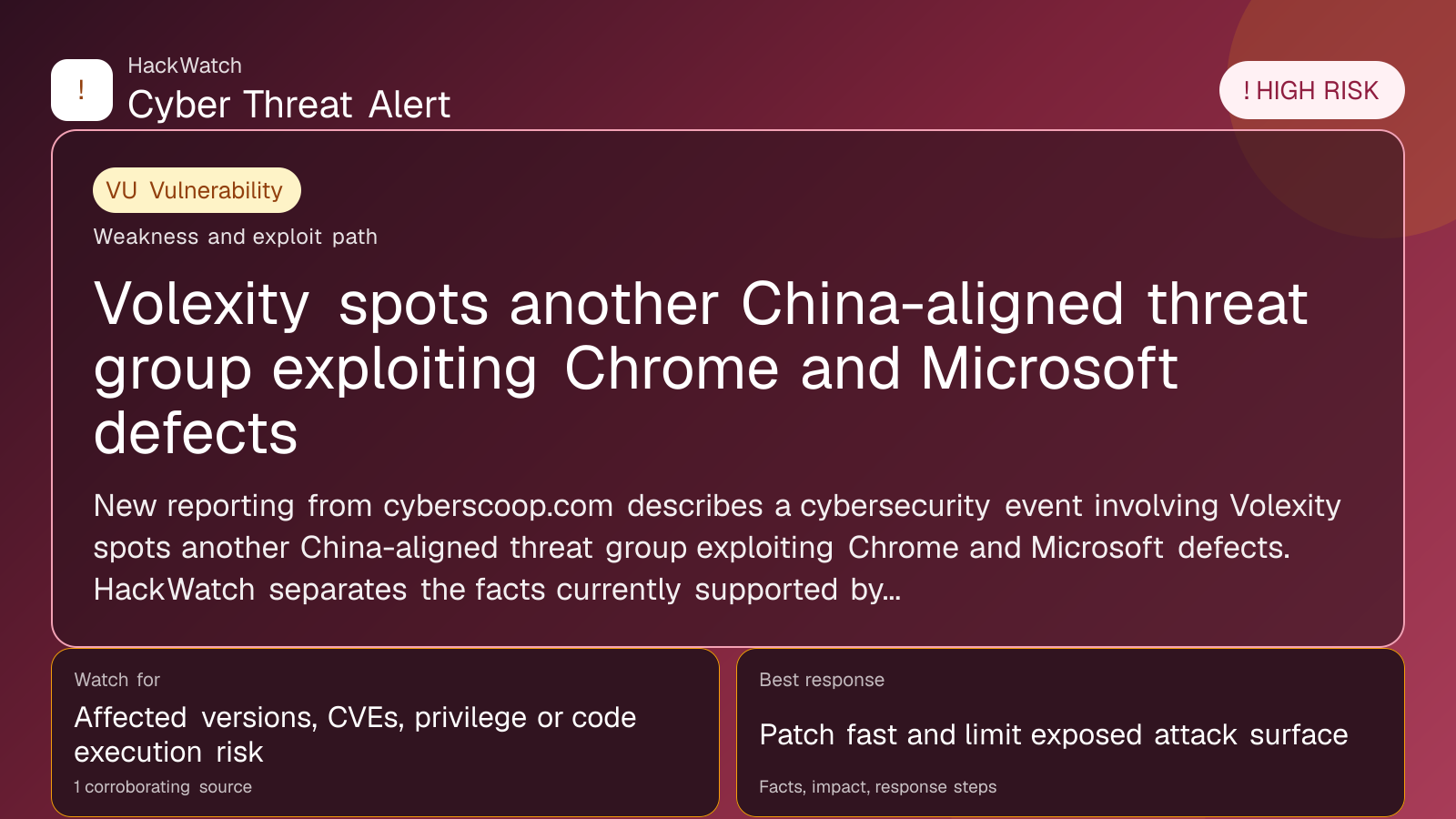 Volexity spots another China-aligned threat group exploiting Chrome and Microsoft defects - HackWatch vulnerability alert image