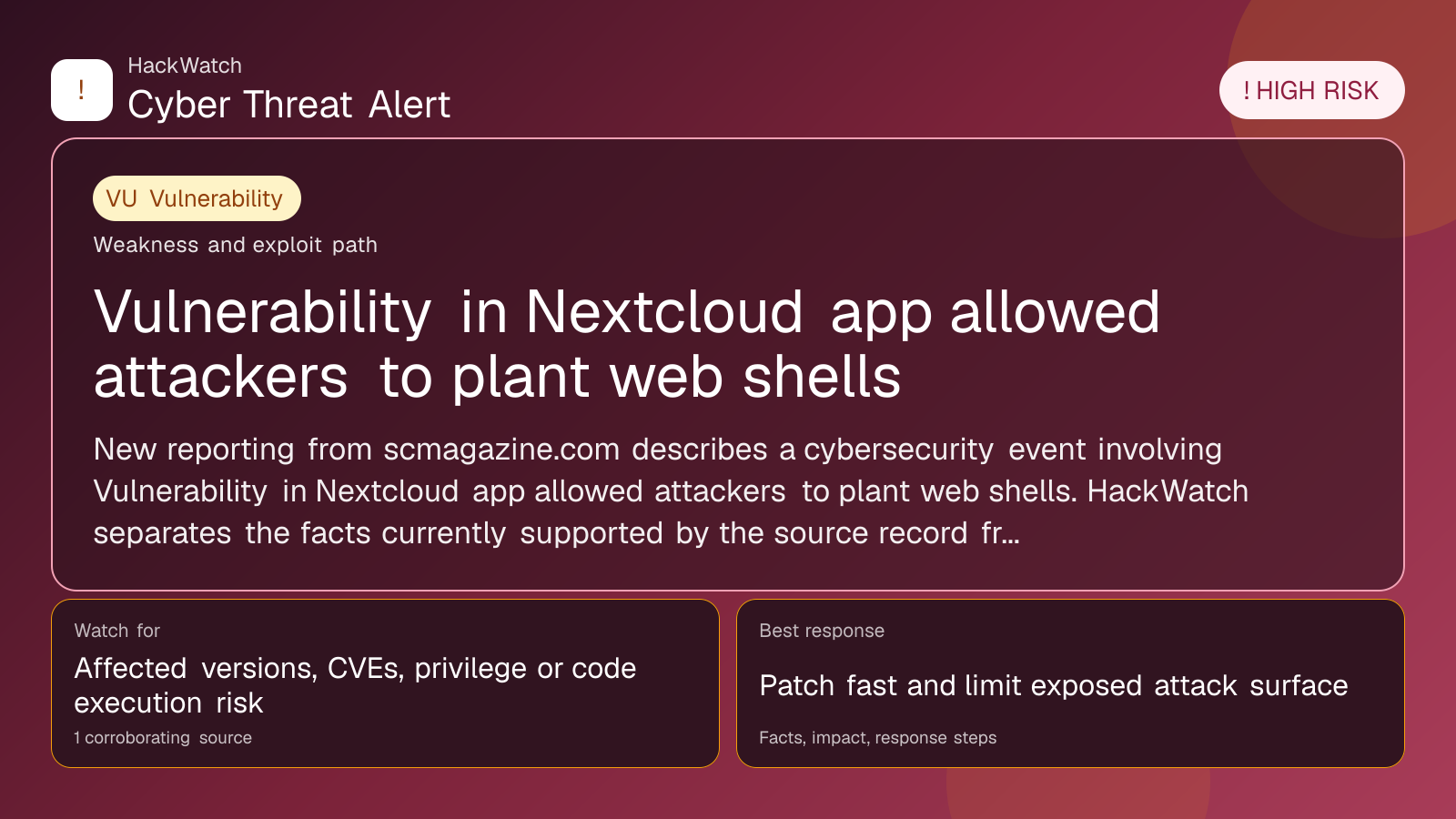 Vulnerability in Nextcloud app allowed attackers to plant web shells - HackWatch vulnerability alert image
