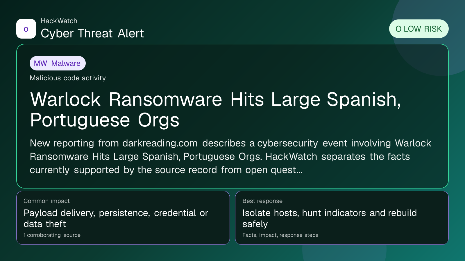 Warlock Ransomware Hits Large Spanish, Portuguese Orgs - HackWatch malware alert image