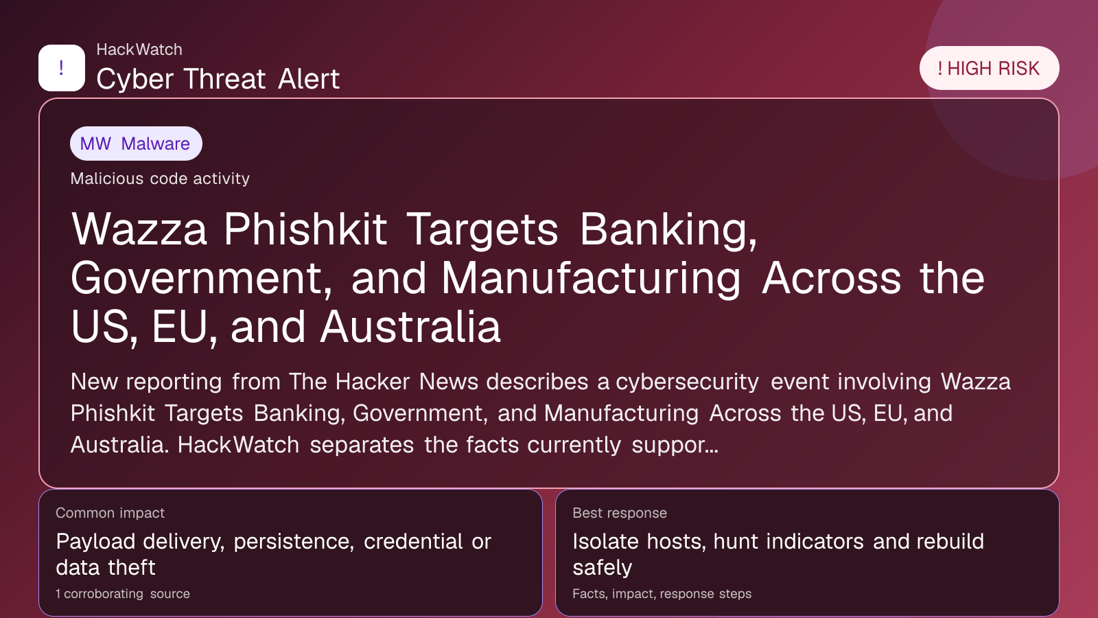 Wazza Phishkit Targets Banking, Government, and Manufacturing Across the US, EU, and Australia - HackWatch malware alert image