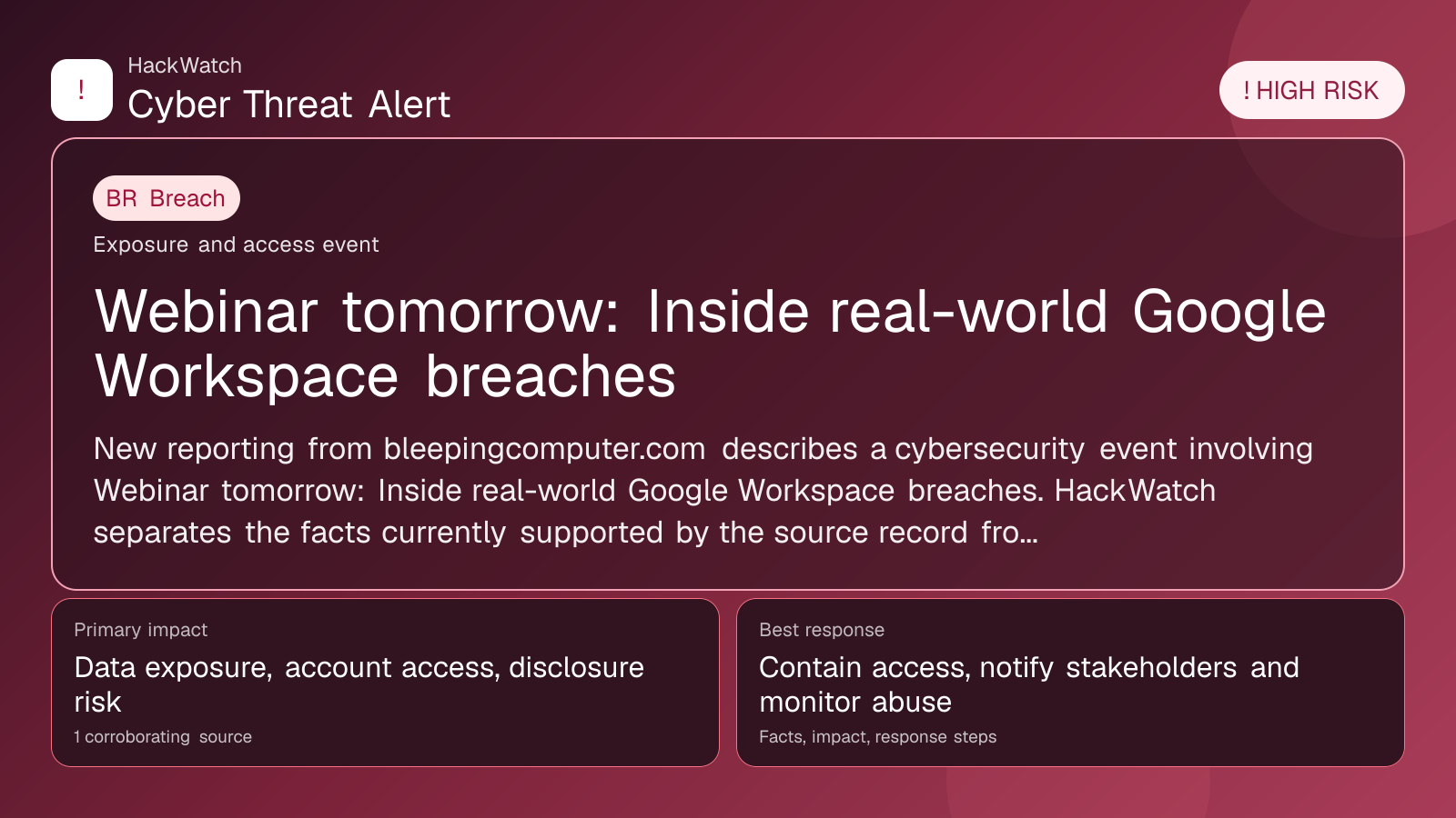 Webinar tomorrow: Inside real-world Google Workspace breaches - HackWatch breach alert image