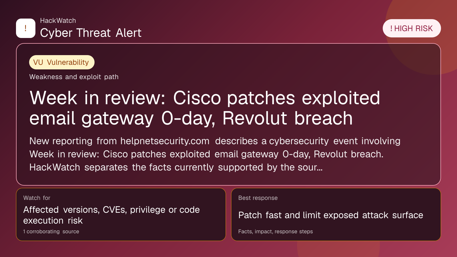 Week in review: Cisco patches exploited email gateway 0-day, Revolut breach - HackWatch vulnerability alert image