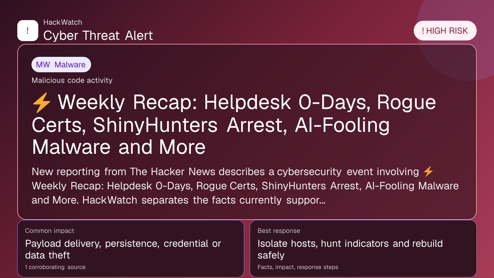 ⚡ Weekly Recap: Helpdesk 0-Days, Rogue Certs, ShinyHunters Arrest, AI-Fooling Malware and More - HackWatch malware alert image