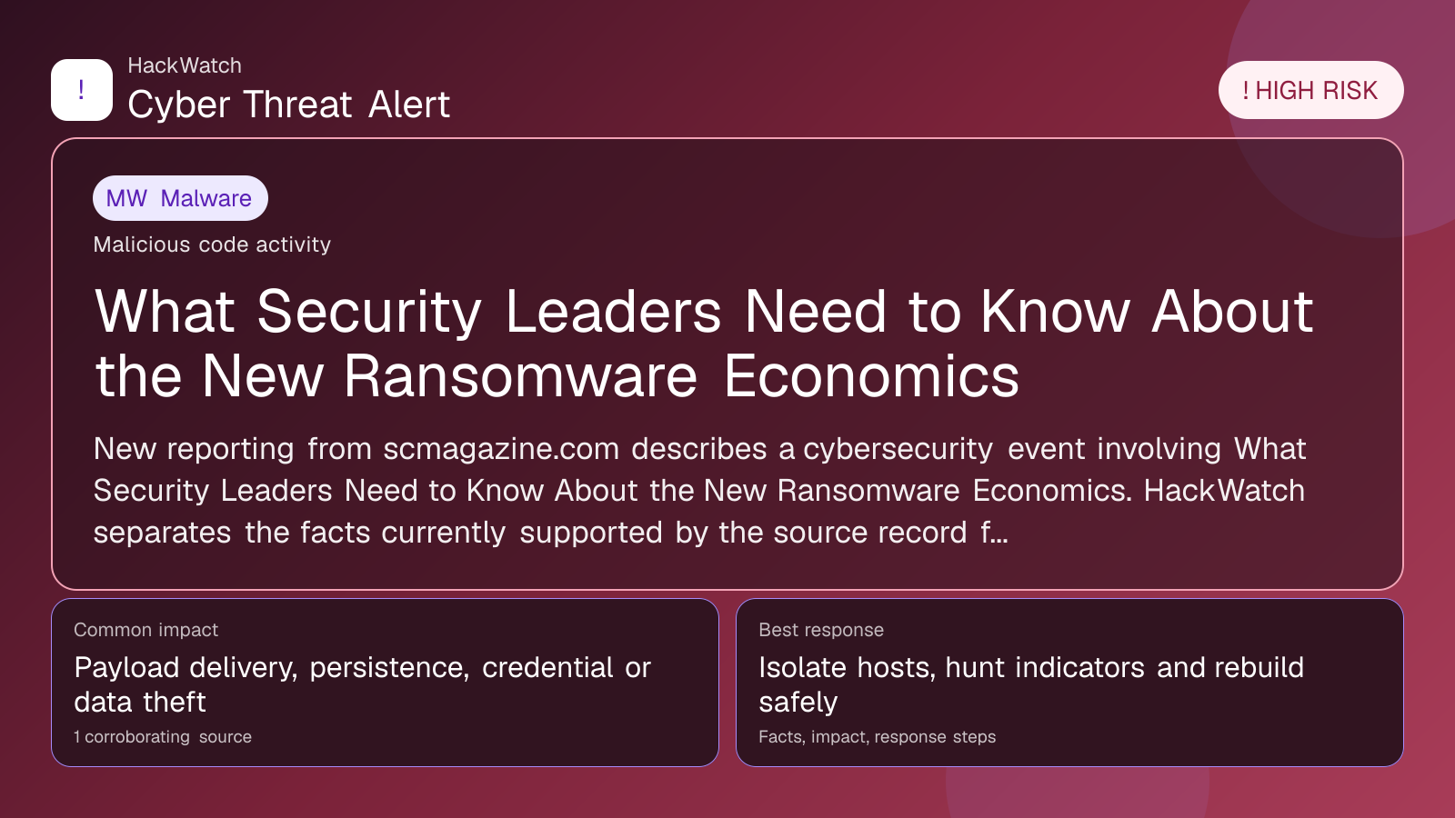 What Security Leaders Need to Know About the New Ransomware Economics - HackWatch malware alert image