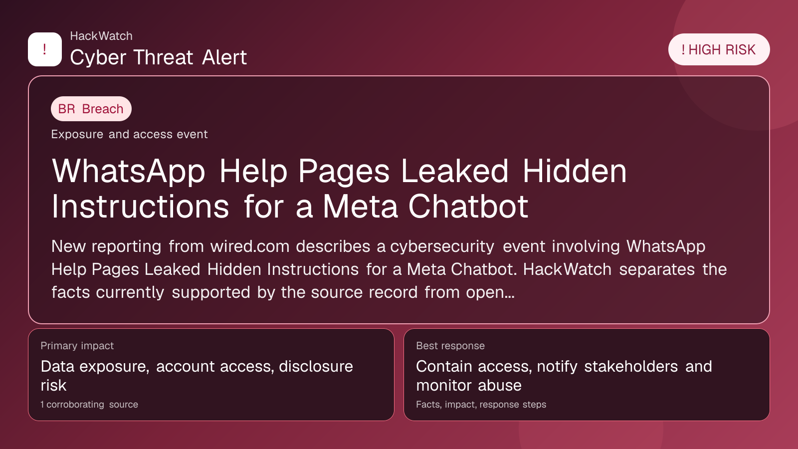 WhatsApp Help Pages Leaked Hidden Instructions for a Meta Chatbot - HackWatch breach alert image
