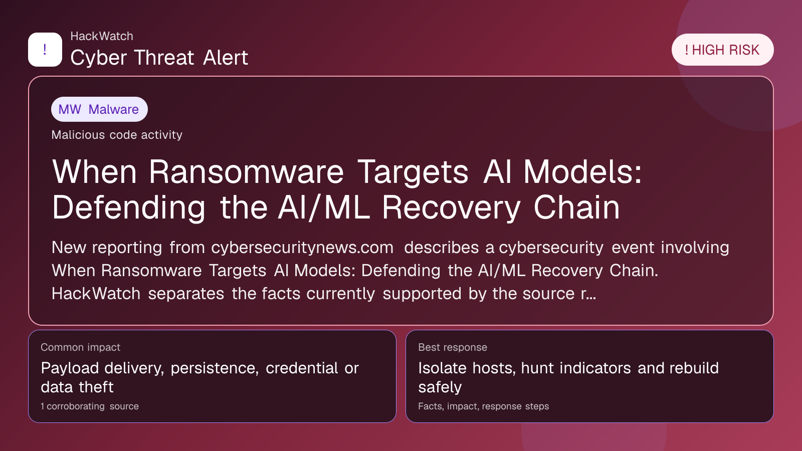 When Ransomware Targets AI Models: Defending the AI/ML Recovery Chain - HackWatch malware alert image