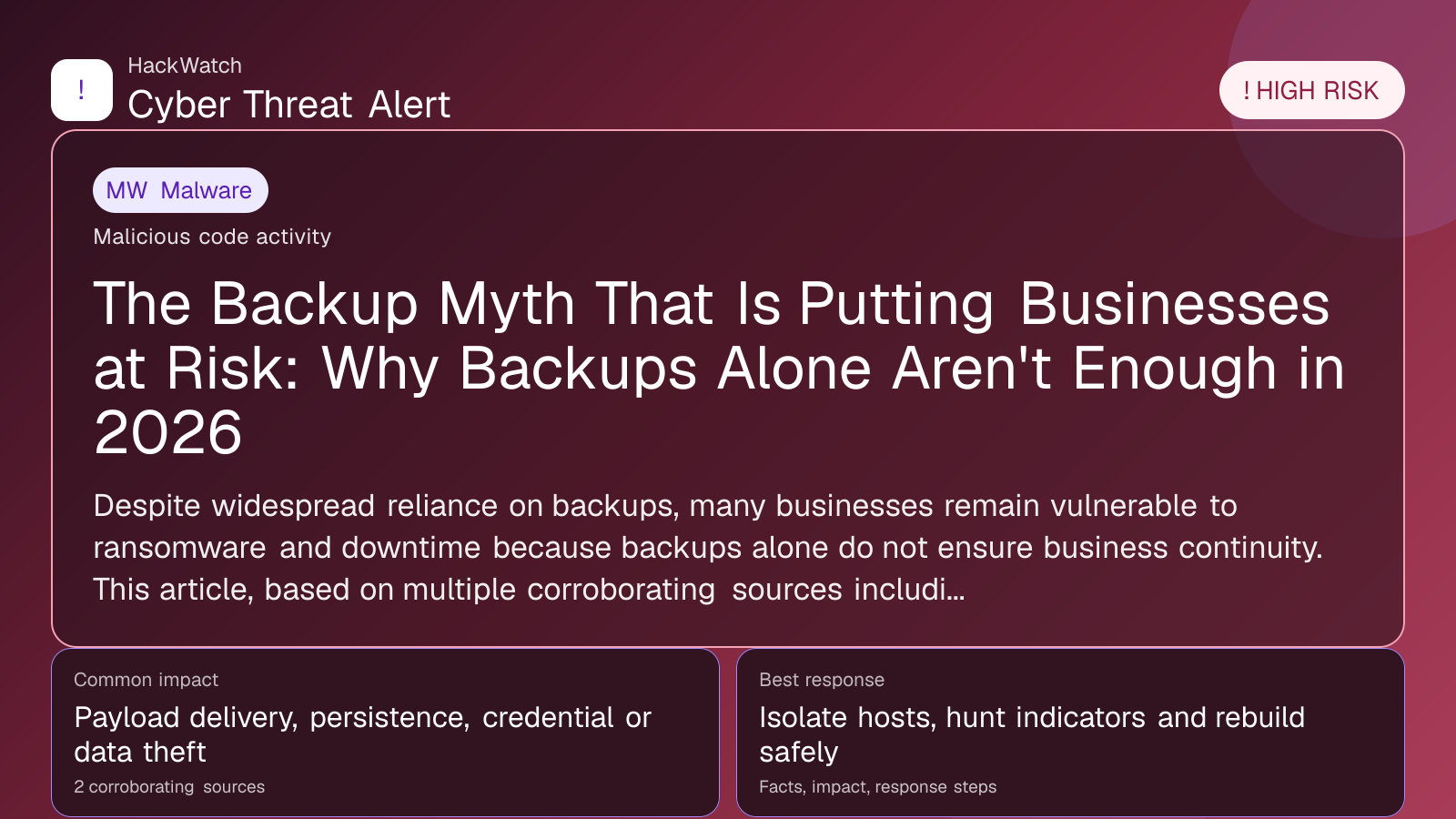 The Backup Myth That Is Putting Businesses at Risk: Why Backups Alone Aren't Enough in 2026 - HackWatch malware alert image