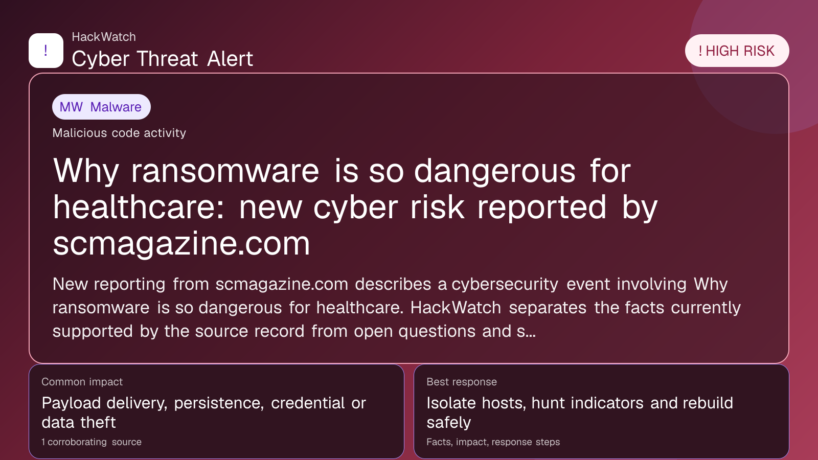Why ransomware is so dangerous for healthcare: new cyber risk reported by scmagazine.com - HackWatch malware alert image