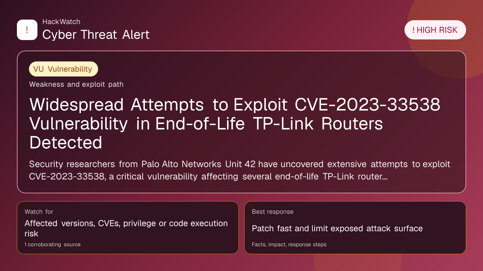 Widespread Attempts to Exploit CVE-2023-33538 Vulnerability in End-of-Life TP-Link Routers Detected - HackWatch vulnerability alert image