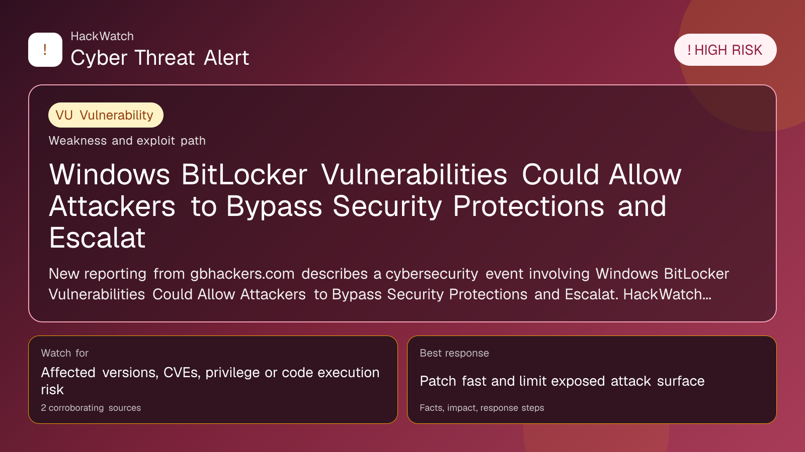 Windows BitLocker Vulnerabilities Security Feature Bypass and Privilege Elevation Attacks - HackWatch vulnerability alert image