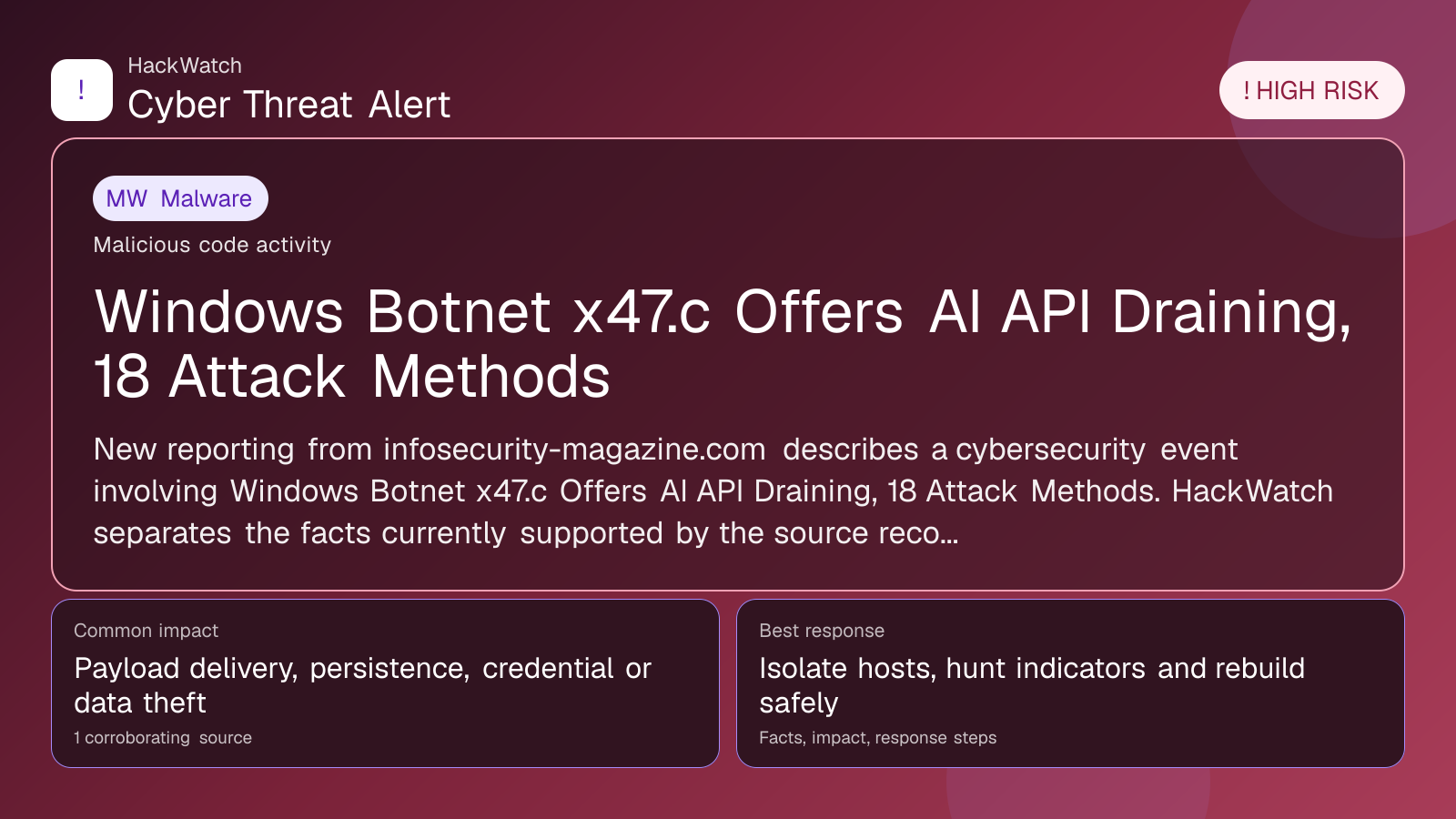Windows Botnet x47.c Offers AI API Draining, 18 Attack Methods - HackWatch malware alert image