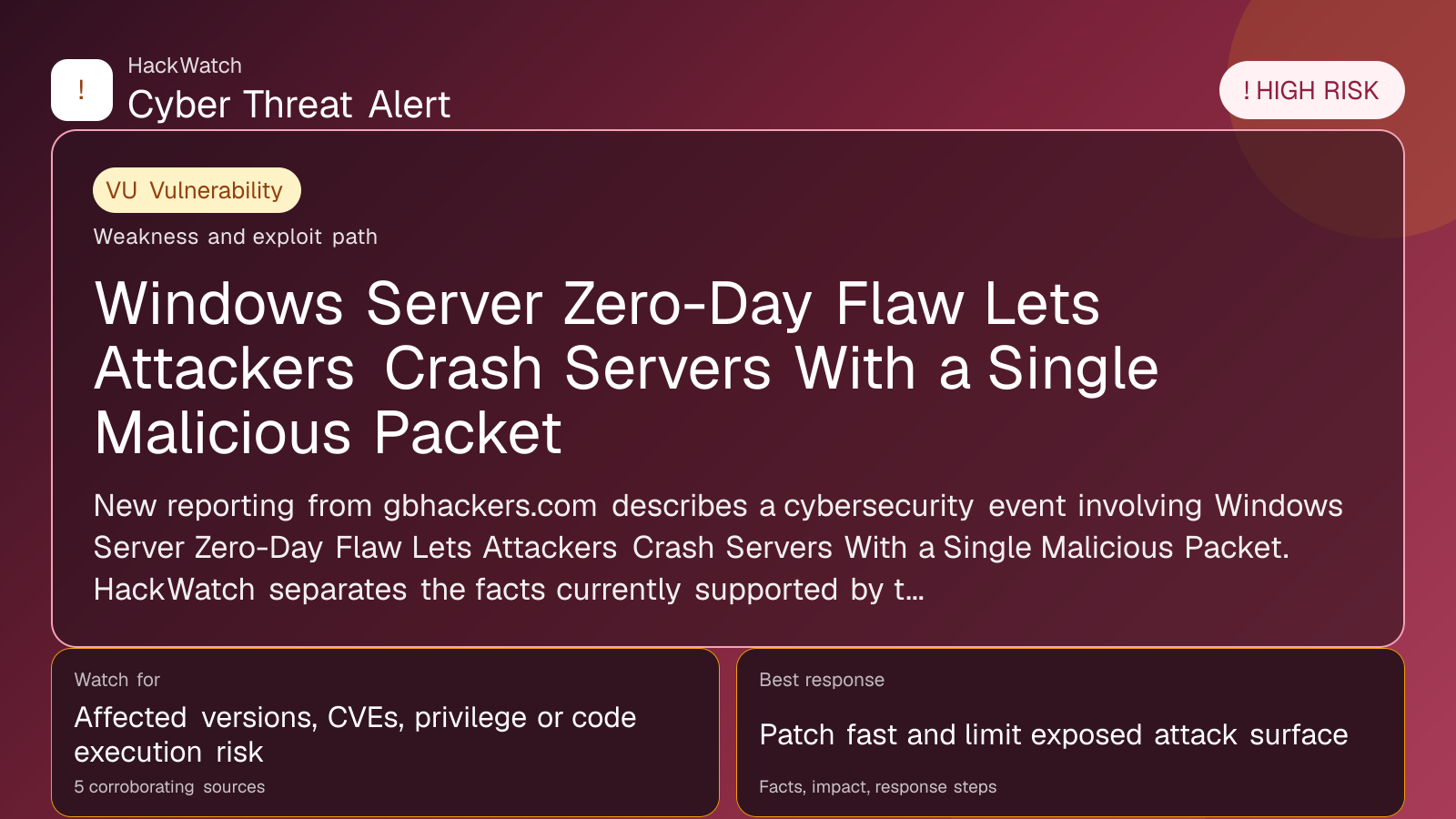 Windows Server Zero-Day Flaw Lets Attackers Crash Servers With a Single Malicious Packet - HackWatch vulnerability alert image