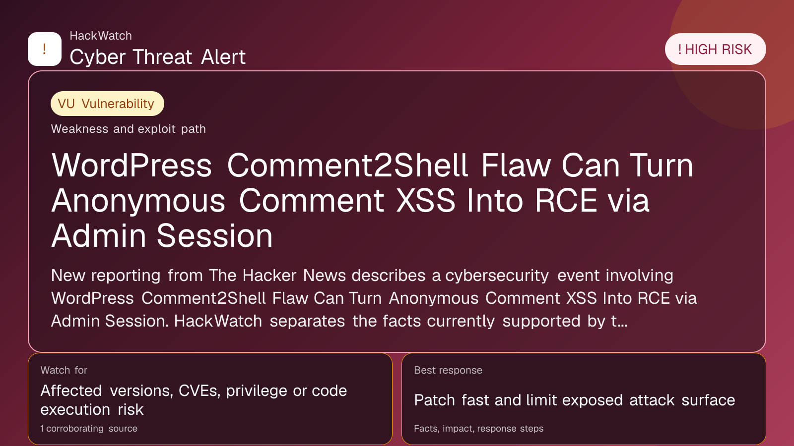 WordPress Comment2Shell Flaw Can Turn Anonymous Comment XSS Into RCE via Admin Session - HackWatch vulnerability alert image