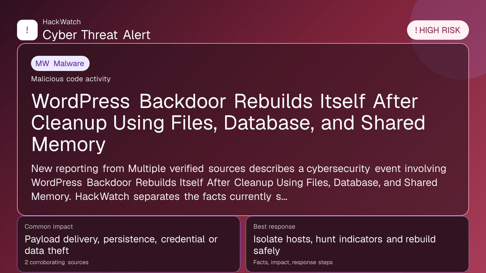 WordPress Backdoor Rebuilds Itself After Cleanup Using Files, Database, and Shared Memory - HackWatch malware alert image