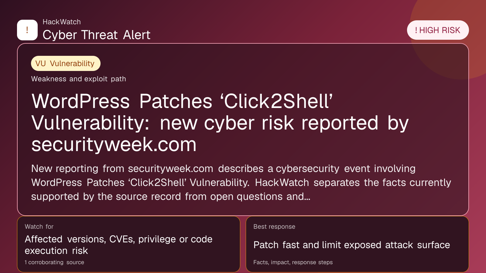 WordPress Patches ‘Click2Shell’ Vulnerability: new cyber risk reported by securityweek.com - HackWatch vulnerability alert image