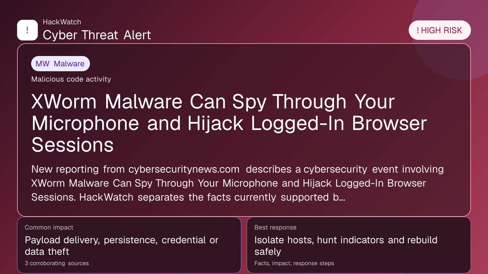 XWorm Malware Can Spy Through Your Microphone and Hijack Logged-In Browser Sessions - HackWatch malware alert image