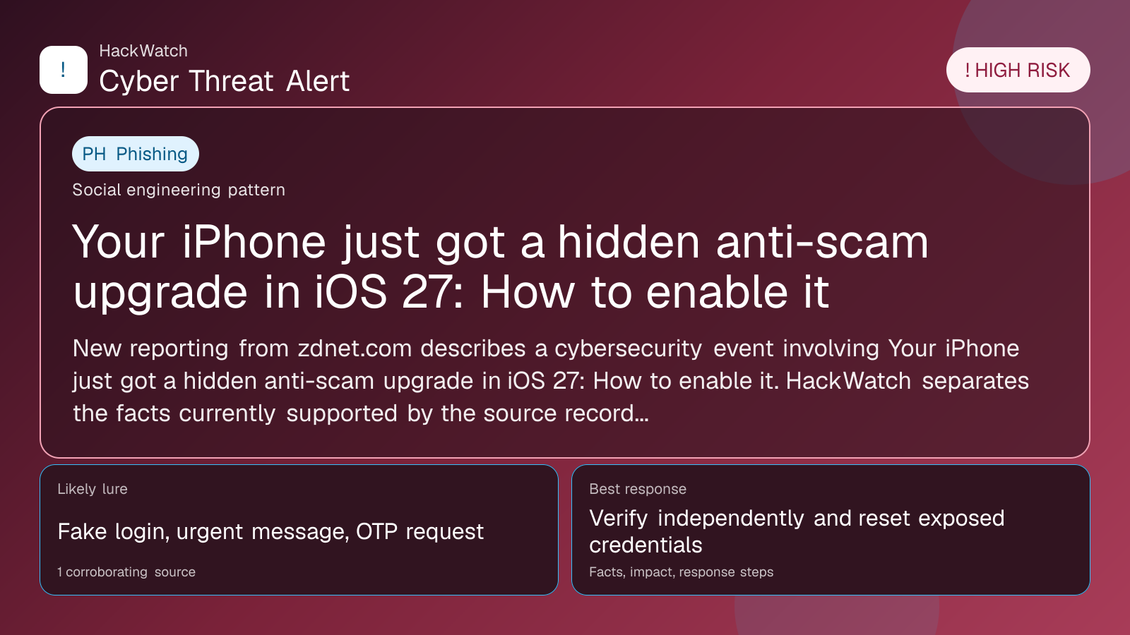 Your iPhone just got a hidden anti-scam upgrade in iOS 27: How to enable it - HackWatch phishing alert image
