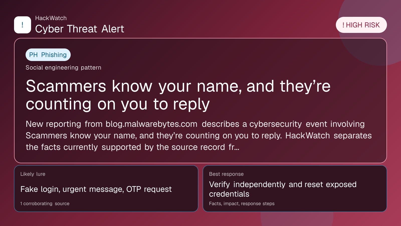 Scammers know your name, and they’re counting on you to reply - HackWatch phishing alert image