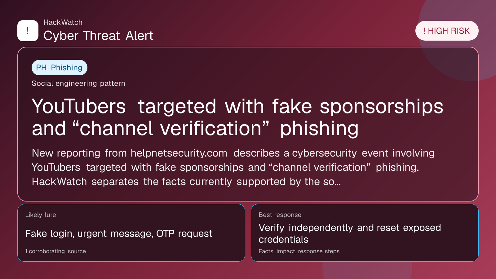 YouTubers targeted with fake sponsorships and “channel verification” phishing - HackWatch phishing alert image